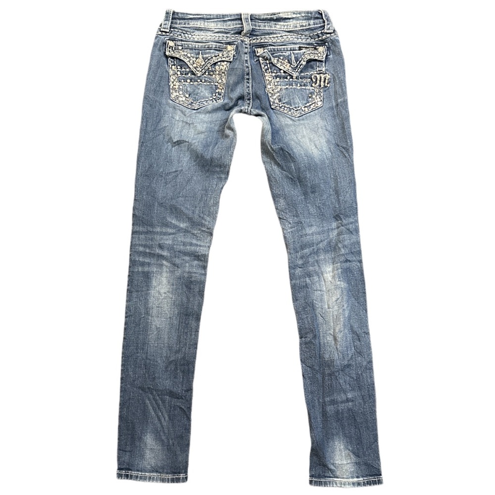 Y2K MISS ME women's blue faded skinny mcbling embroidered skinny jeans, 28".